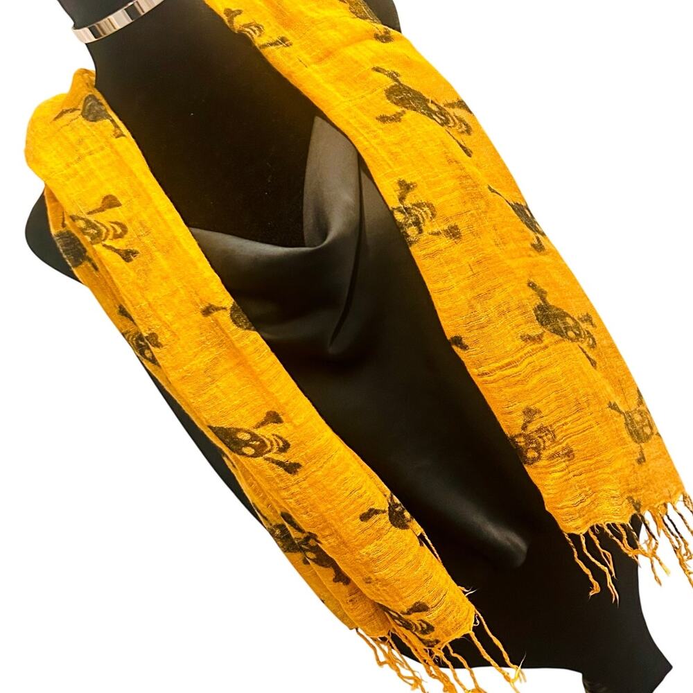 Liss Kiss Crossbones Print Scarf Mustard Yellow Large Lightweight Fringe - Picture 4 of 12